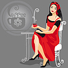 Vector clipart: girl in red; drinking coffee