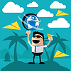 Vector clipart: Happy man stands on island of palm trees holding