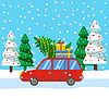 Vector clipart: Red Car with Pine Tree and Presents in Box
