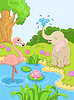 Vector clipart: flamingos and elephant in nature