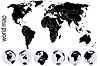 Vector clipart: Black world map with set of Earth globes