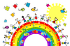 Vector clipart: Doodle kids playing on rainbow