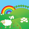 Vector clipart: Summer landscape with sheeps and rainbow