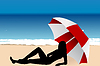 Vector clipart: Young woman lying under an umbrella on beach