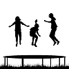 Vector clipart: Children silhouettes jumping on garden trampoline