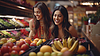 Dos hermosas chicas indias eligen frutas y | Ilustración