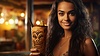 Photo 300 DPI: Girl with tiki cocktail. Blurred beach bar on