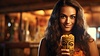 Photo 300 DPI: Girl with tiki cocktail. Blurred beach bar on
