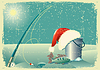 Vector clipart: fishing in winter snow landscape with Santa red