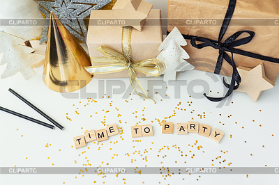 Christmas party time - confetti, gifts, ribbon, | High resolution stock photo |ID 7264140
