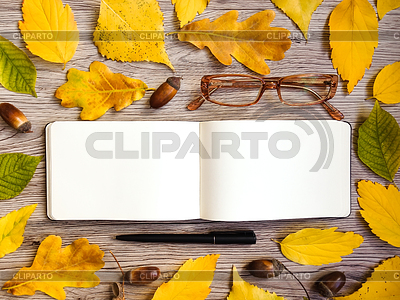 Cuaderno de dibujo, gafas y pluma, decorado con otoño | Foto de alta resolución |ID 6411823