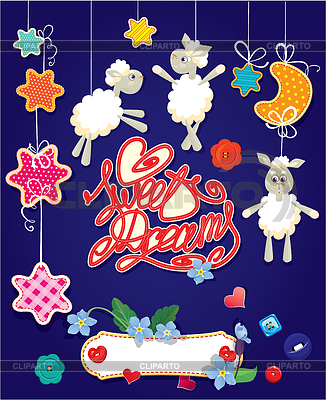 Tarjeta de la ducha de bebé con las estrellas, la luna, las ovejas y los corazones | Ilustración vectorial de stock |ID 4515841