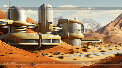 Arquitectura retro futurista en escena de ciencia ficción en | Ilustración de alta resolución |ID 7522624