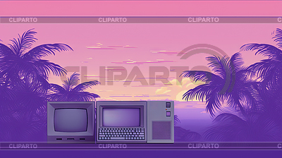 Escena de estilo Vaporwave con computadora y palmas adentro | Ilustración de alta resolución |ID 7522666