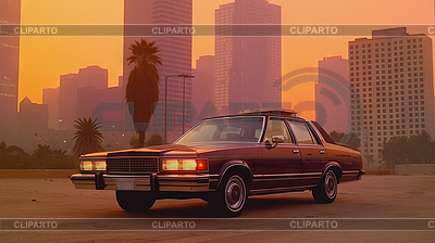 Teures Retro-Auto im 70er-Jahre-Stil auf urbaner Straße mit Witz | Illustration mit hoher Auflösung |ID 7546532