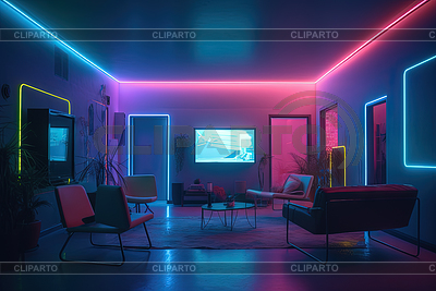 Habitación de neón estilo Synthwave. Interior retro en los 80 | Ilustración de alta resolución |ID 7551103