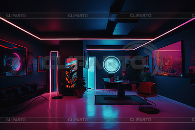 Habitación de neón estilo Synthwave. Interior retro en los 80 | Ilustración de alta resolución |ID 7553394