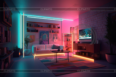 Habitación de neón estilo Synthwave. Interior retro en los 80 | Ilustración de alta resolución |ID 7555926