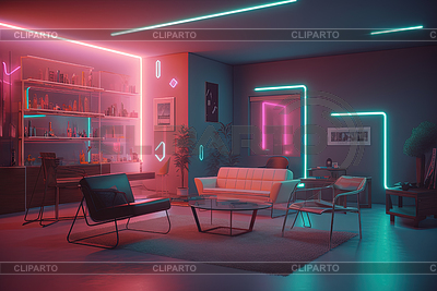 Неоновая комната в стиле Synthwave. Ретро-интерьер 80-х годов | Иллюстрация большого размера |ID 7555927