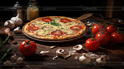 Pizza con queso, tomates y otros ingredientes o | Ilustración de alta resolución |ID 7561496