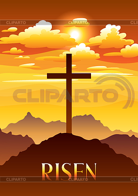 Auferstanden. Ostern Grußkarte mit Kreuz und Wolken | Stock Vektorgrafik |ID 6792577