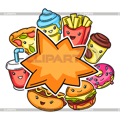 Fondo con comida de comida rápida kawaii lindo | Ilustración vectorial de stock |ID 7134135