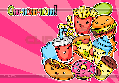 Fondo con comida de comida rápida kawaii lindo | Ilustración vectorial de stock |ID 7134141