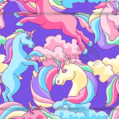 Patrones sin fisuras con unicornios, nubes y arco iris | Ilustración vectorial de stock |ID 7197683