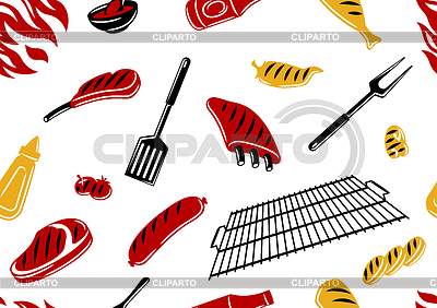 Patrón sin fisuras de barbacoa con objetos e iconos de parrilla. | Ilustración vectorial de stock |ID 7355933