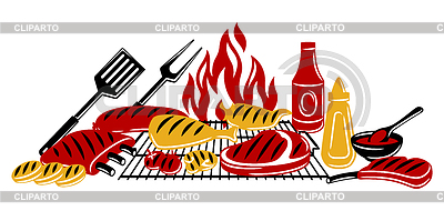 Fondo de barbacoa con objetos e iconos de parrilla. | Ilustración vectorial de stock |ID 7359508