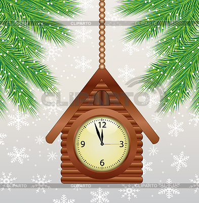 Reloj como las casas y verdes ramas del árbol de navidad | Ilustración vectorial de stock |ID 4622711
