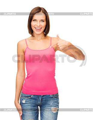 Frau in rosa T-Shirt blank zeigt Daumen nach oben | Foto mit hoher Auflösung |ID 5266715
