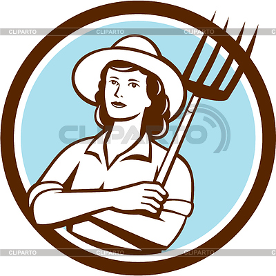 Mujer Organic Farmer Pitchfork retro del círculo | Ilustración vectorial de stock |ID 4513451