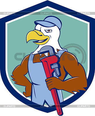 Águila calva fontanero Monkey Wrench Cresta de la historieta | Ilustración vectorial de stock |ID 5571991