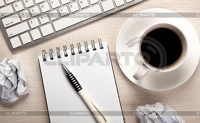 Work table, cup of coffee, notebook with pen and | High resolution stock photo |ID 7106269