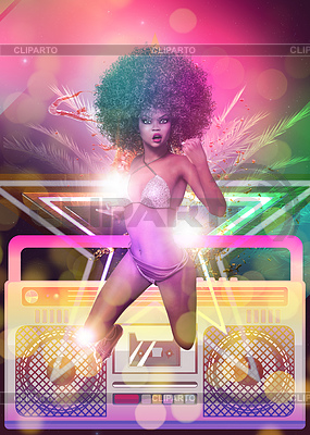Cartel de parte de bikini de leopardo para niña afro en 3D | Ilustración de alta resolución |ID 7345677