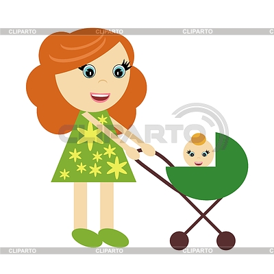 Muchacha agradable con el cochecito de niño | Ilustración vectorial de stock |ID 4698957