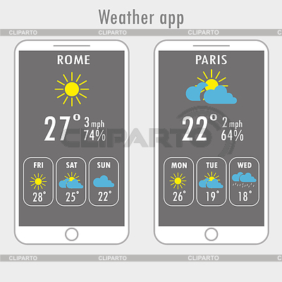Smartphone moderno con la aplicación del tiempo en la pantalla | Ilustración vectorial de stock |ID 6488174