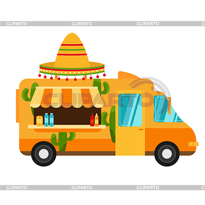 Camión de comida de dibujos animados de diseño plano. Tradicional | Ilustración vectorial de stock |ID 7412262