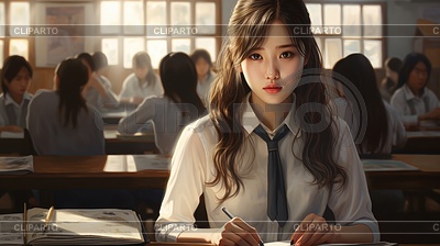 Корейская девочка в школе. Мультяшный стиль. Красивый | Иллюстрация большого размера |ID 7487080