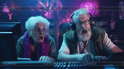 Забавная пожилая пара играет в компьютерные игры. Старый | Иллюстрация большого размера |ID 7487152