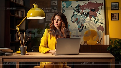 Работник туристического агентства в желтом костюме. Карта мира на | Иллюстрация большого размера |ID 7507746