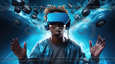 Chico afroamericano con auriculares VR, usando | Ilustración de alta resolución |ID 7507784