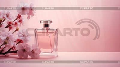 Flores de cerezo sobre fondo rosa y perfumes. | Foto de alta resolución |ID 7526623