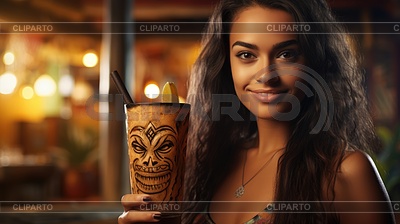 Girl with tiki cocktail. Blurred beach bar on | High resolution stock photo |ID 7531016