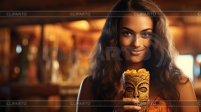 Girl with tiki cocktail. Blurred beach bar on | High resolution stock photo |ID 7531025
