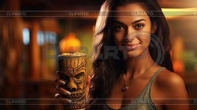 Girl with tiki cocktail. Blurred beach bar on | High resolution stock photo |ID 7531026