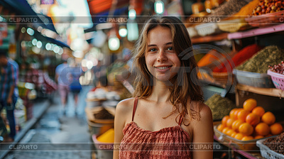 European girl against backdrop of colorful market | High resolution stock photo |ID 7546756